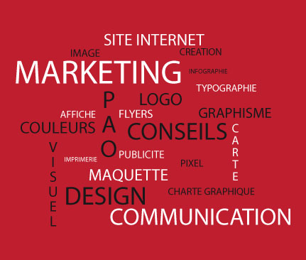 Nuage de mots : marketing, création, site internet, graphisme, flyers, affiche, PAO, visuel, carte d'affaire, maquette, publicité, pixel, communication